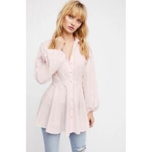 Free People Pink Cotton Poplin Peplum Tunic Button Down Shirt Long Sleeve NEW